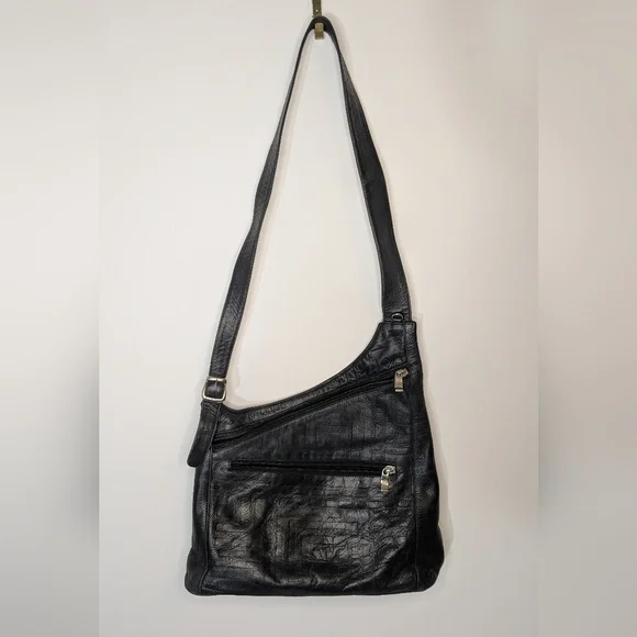 Due Fratelli Vintage 90s Genuine Leather Asymmetrical Shoulder Bag Black Y2K - Picture 2 of 8